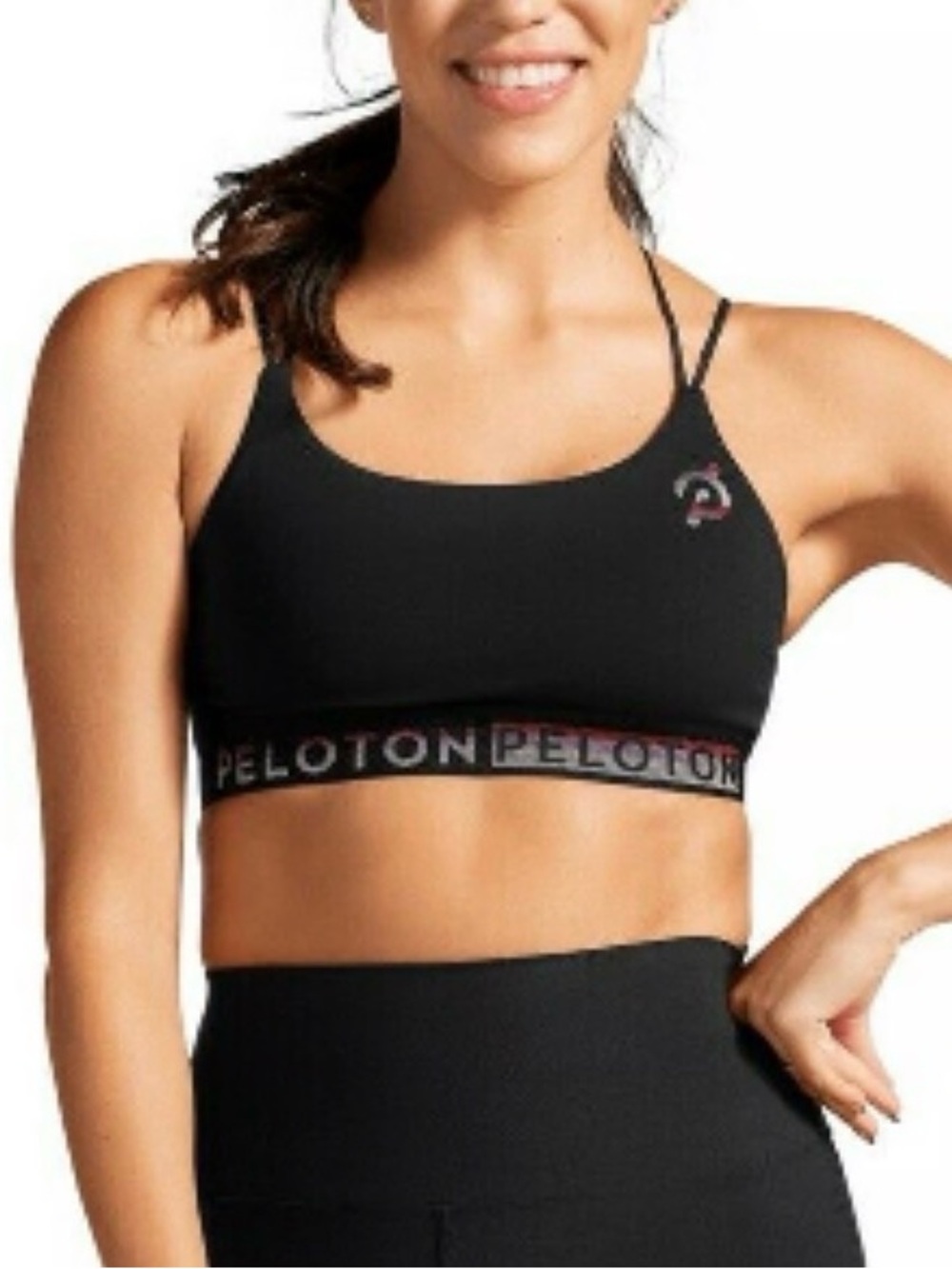 Peloton Brand Black Strappy Logo Sports Bra with Colorful Logo